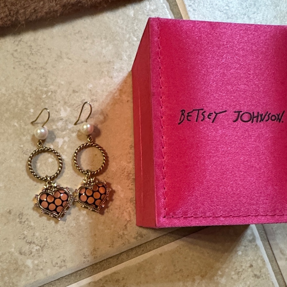 Betsey Johnson Gold and pink polkadot  Heart Earrings
